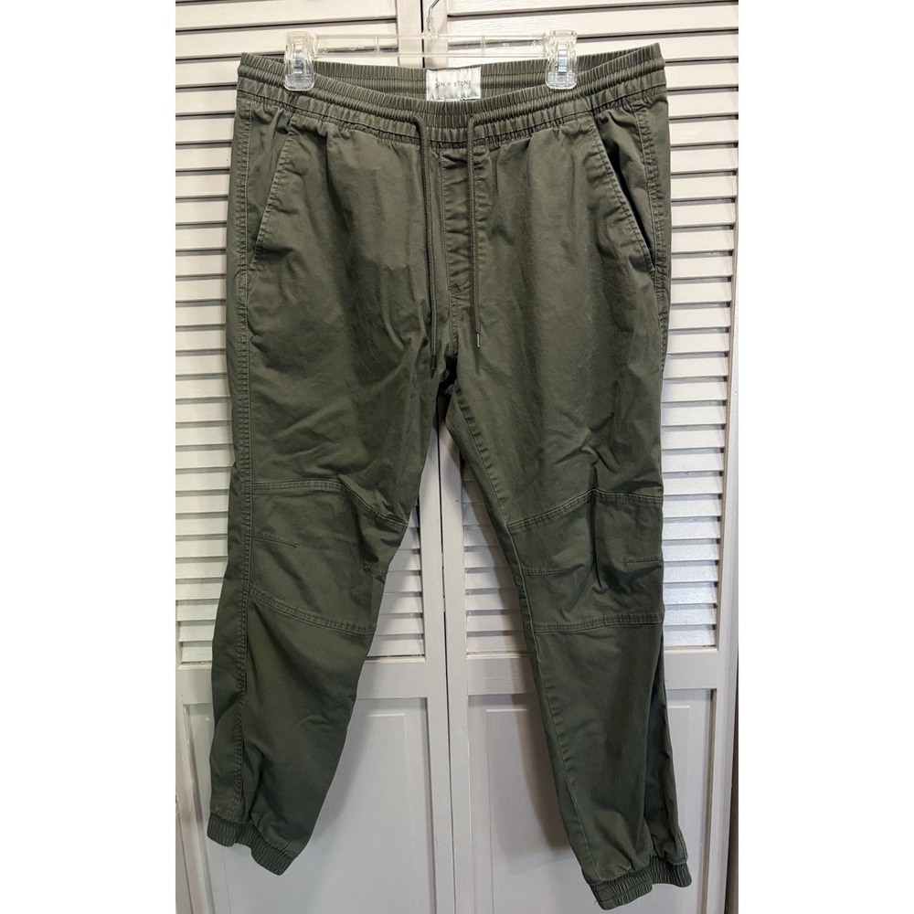 Sun & Stone Olive Green Jogger Pants Mid Rise Zip Size L Elastic Hem Elastic/Tie